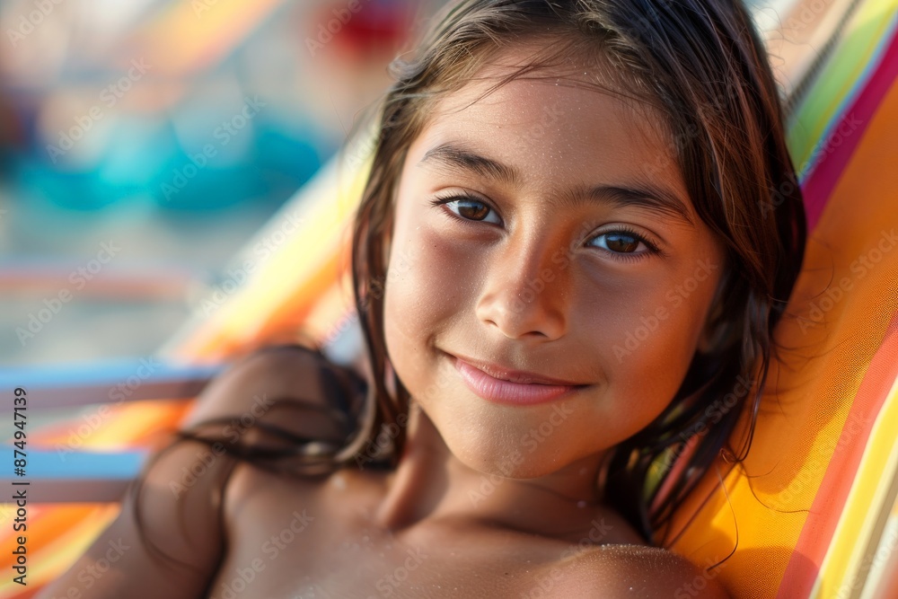A young girl lying back on a vibrant beach chair, smiling warmly at the camera while enjoying a sunny day at the beach, capturing the essence of carefree summer fun. A young girl lying back on a vibrant beach chair, smiling warmly at the camera while enjoying a sunny day at the beach, capturing the essence of carefree summer fun.