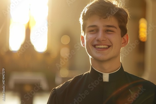 A young priest stands smiling warmly inside a church, bathed in golden light from the setting sun, wearing traditional clerical attire, exuding positivity and joy.