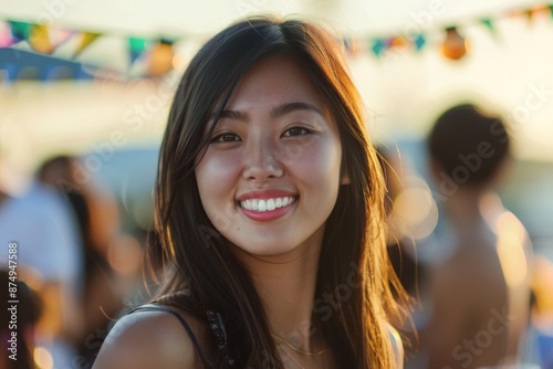 A joyfully smiling young woman stands at a sunset party with warm, golden lighting. The background showcases a lively event with colorful decorations and happy people.