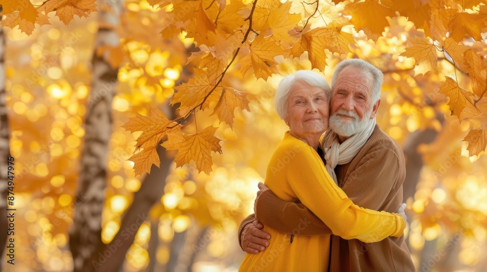 Senior couple embracing in a golden autumn park, smiling with closed eyes. Love and togetherness concept. Senior couple embracing in a golden autumn park, smiling with closed eyes. Love and togetherness concept.