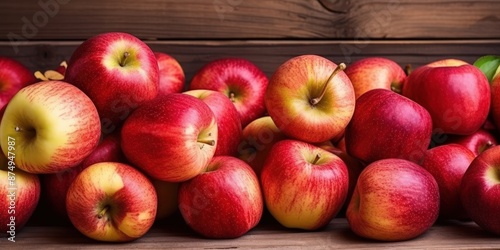 An Abundance of Ripe, Red Apples Spilled on a Wooden Surface photo