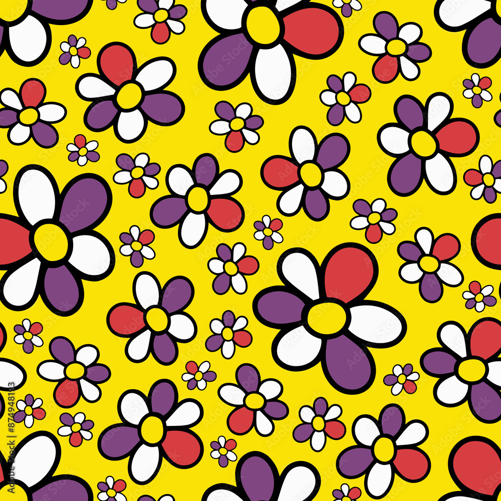 Seamless Pattern with Doodle Hand Drawn Daisy Flower on Yellow Background. Groovy Hippie 70s Digital Paper. Funny Cartoon Flower. Trendy Retro Psychedelic Cartoon Style. Stay groovy. Good vibes. Seamless Pattern with Doodle Hand Drawn Daisy Flower on Yellow Background. Groovy Hippie 70s Digital Paper. Funny Cartoon Flower. Trendy Retro Psychedelic Cartoon Style. Stay groovy. Good vibes.