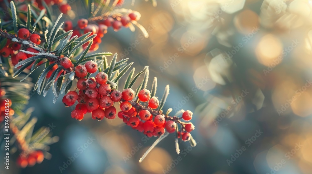 A Branch Of Pine Showcased Red Frozen Rowan Berries A Branch Of Pine Showcased Red Frozen Rowan Berries
