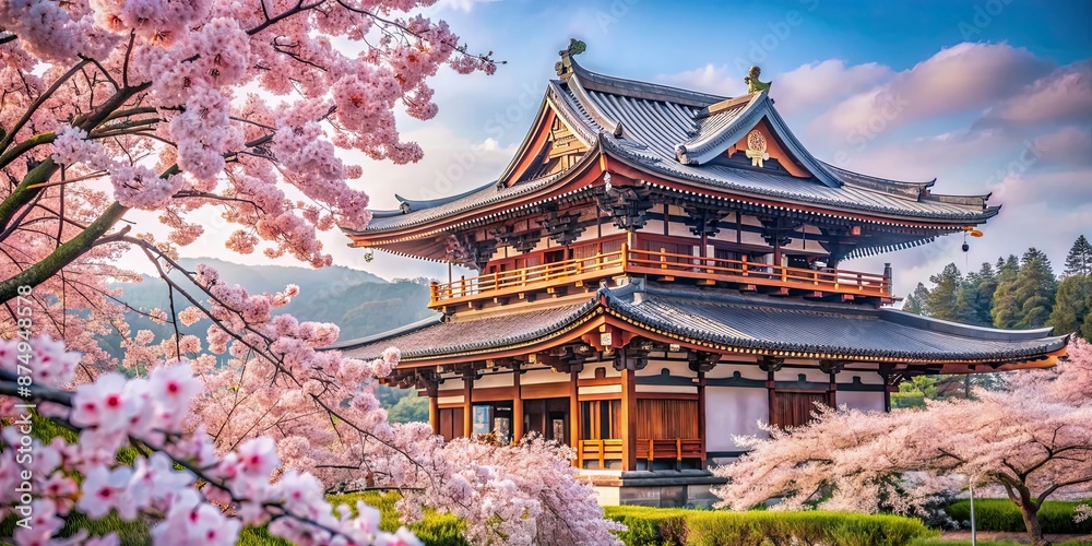 Japanese temple surrounded by cherry blossoms in full bloom , Japan, temple, spring, cherry blossoms, flowers Japanese temple surrounded by cherry blossoms in full bloom , Japan, temple, spring, cherry blossoms, flowers