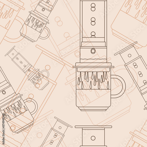 Editable Aeropress Manual Brewing Coffee Maker Vector Illustration in Outline Style as Seamless Pattern for Creating Background of Cafe Related Purposes