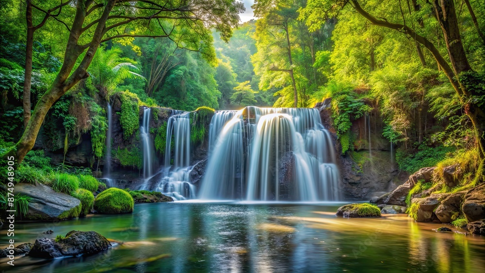 Serene forest waterfall surrounded by lush trees and flowing water, Nature, peaceful, tranquil, landscape, scenery Serene forest waterfall surrounded by lush trees and flowing water, Nature, peaceful, tranquil, landscape, scenery