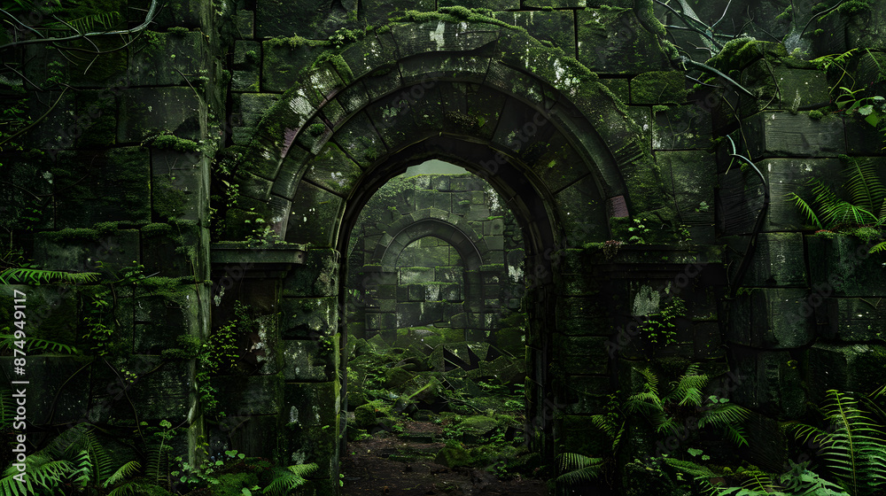 Fototapeta premium A mossy, overgrown forest with a stone archway
