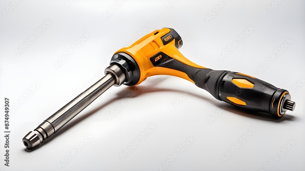 A screwdriver with a handle and a head, isolated on a white backdrop. tools for mechanics, builders, and carpenters. Screwdriver for upkeep and repairs on businesses A screwdriver with a handle and a head, isolated on a white backdrop. tools for mechanics, builders, and carpenters. Screwdriver for upkeep and repairs on businesses
