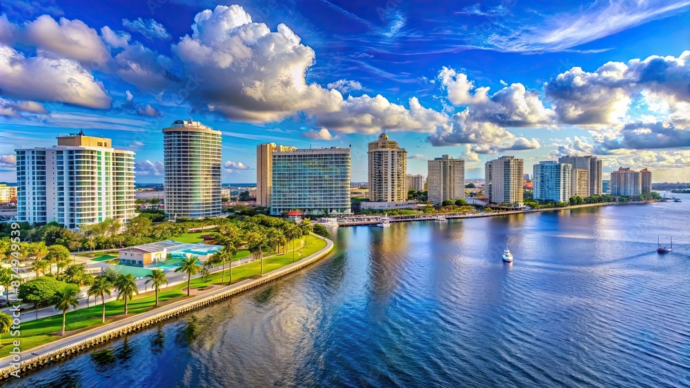 Fototapeta premium West Palm Beach and Riviera Beach skyline overlooking the beautiful waters of Florida, West Palm Beach
