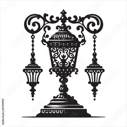 Traditional vintage candle holder lamp stand silhouette, vector black color silhouette