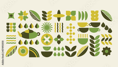 Abstract geometric tea pattern background. Natural organic plants shapes, tea shop menu concept. Vector bauhaus illustration