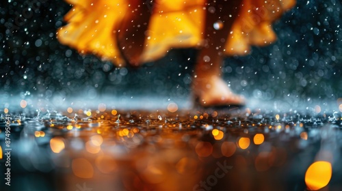 This image beautifully captures a foot stepping on a rain-soaked pavement, surrounded by reflections and glowing lights, emphasizing the dynamic interaction between motion and weather. photo