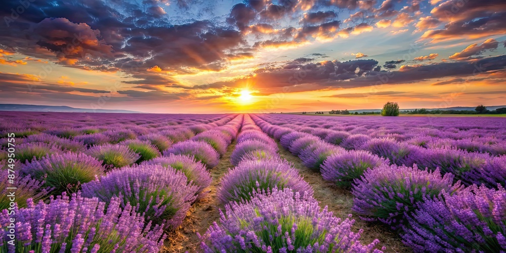 Fototapeta premium Sunset over a blooming lavender field , lavender, purple, flowers, sunset, twilight, serene, tranquil, nature, landscape, beauty