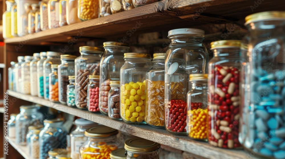 Shelves of Colorful Pills in Jars.. Shelves of Colorful Pills in Jars..