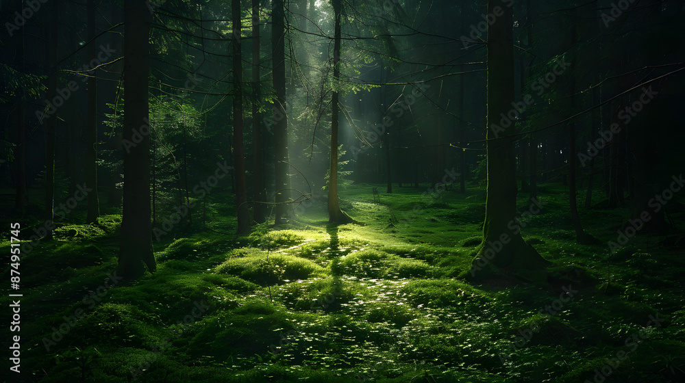 Fototapeta premium A forest with sunlight shining through the trees