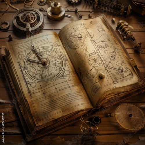 Steampunk Fantasy: Open Book with Mechanical Diagram in Sepia Tones - Digital Art Illustration