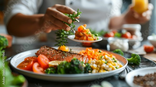 A balanced and healthy meal of grilled salmon, roasted vegetables, and a fresh salad, garnished with microgreens. © Nam Sara