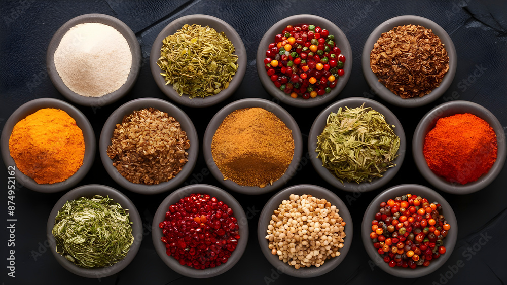 Arrangement of Various Spices and Herbs Seen from Above on Black Stone Arrangement of Various Spices and Herbs Seen from Above on Black Stone