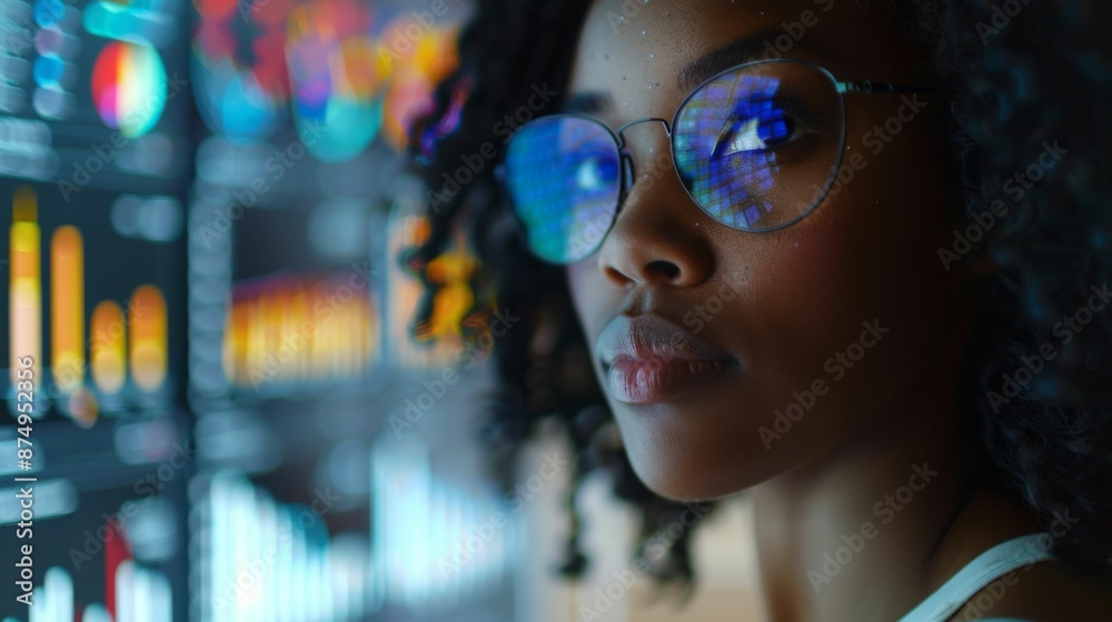 Close-up of a young woman wearing glasses looking at a computer screen with a graph in the background. Close-up of a young woman wearing glasses looking at a computer screen with a graph in the background.