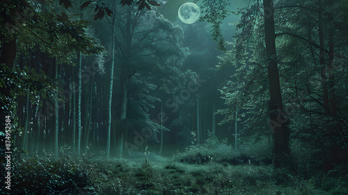 A forest at night with a full moon in the sky
