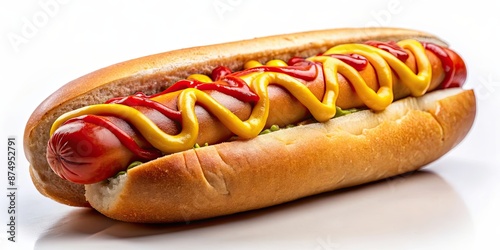 Hot dog with mustard and ketchup isolated on background, hot dog, fast food, sausage, bun, condiments, mustard, ketchup