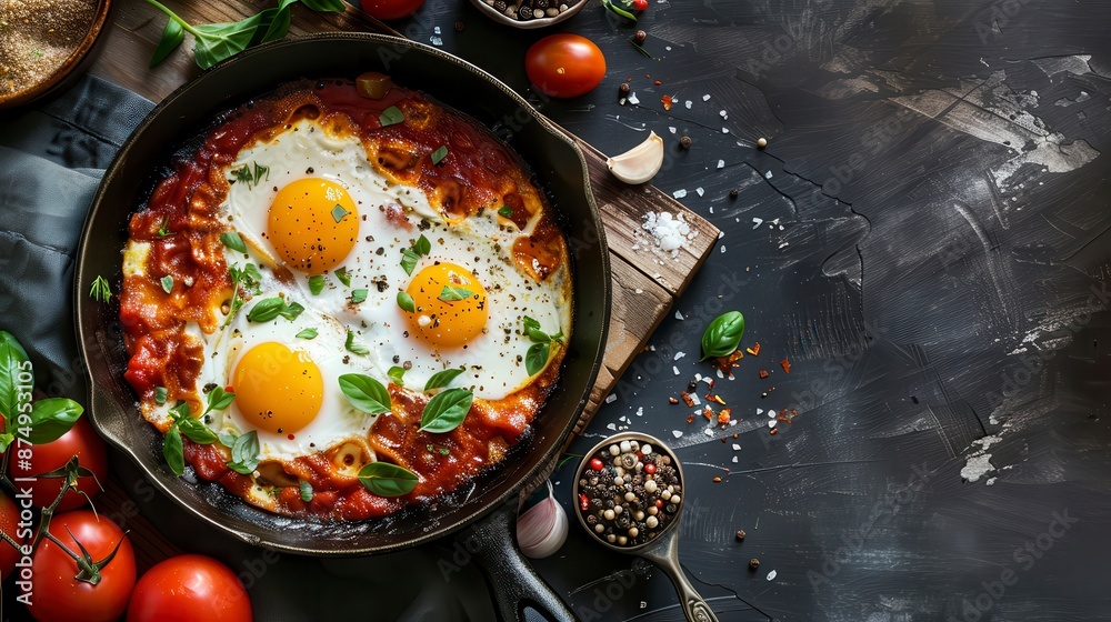 Fresh Shakshouka served in cooking pan on dark table, food Fresh Shakshouka served in cooking pan on dark table, food