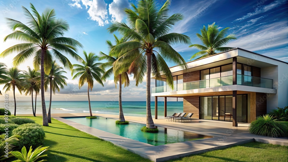 Tranquil beachfront villa with beautiful palm trees , tropical, vacation, relaxation, luxury, resort, seaside, tranquil Tranquil beachfront villa with beautiful palm trees , tropical, vacation, relaxation, luxury, resort, seaside, tranquil