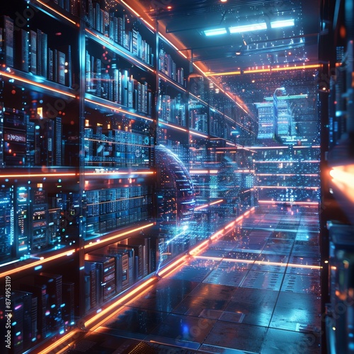 Wallpaper Mural Neon Cyberpunk Library of Tomorrow: Holographic Books and Digital Shelves in Glowing Data Streams - High-Tech 3D Rendering Torontodigital.ca