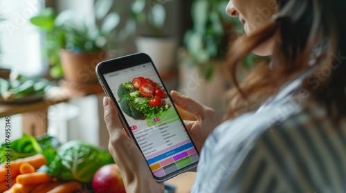Woman in the kitchen using her phone to look at a recipe for a salad.