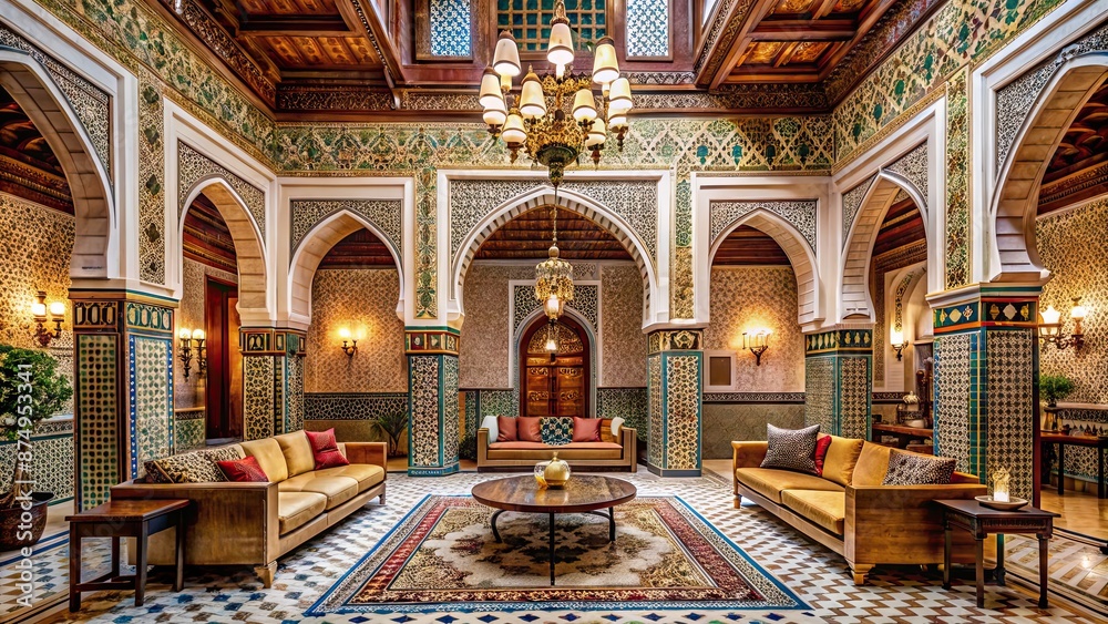 Obraz premium Luxurious interior design in a Moroccan hotel with ornate details, intricate tile work, and elegant furnishings, luxury