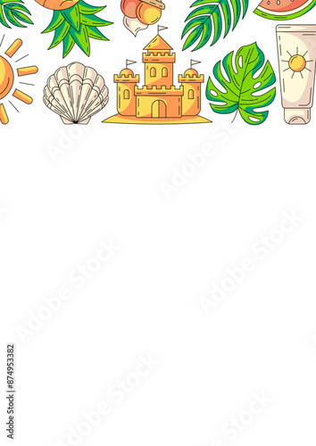 Summer vertical a4 poster, beach elements and accessories icons. Upper border frame, copy space, isolated on white. Sand castle, seashell, sunscreen. For card, flyer, banner, invitation, social media