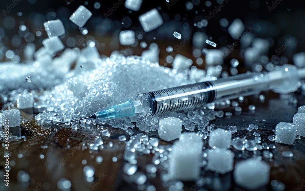 Close-up of a syringe with sugar crystals, highlighting the concept of sugar addiction and health risks associated with excessive sugar consumption. Close-up of a syringe with sugar crystals, highlighting the concept of sugar addiction and health risks associated with excessive sugar consumption.
