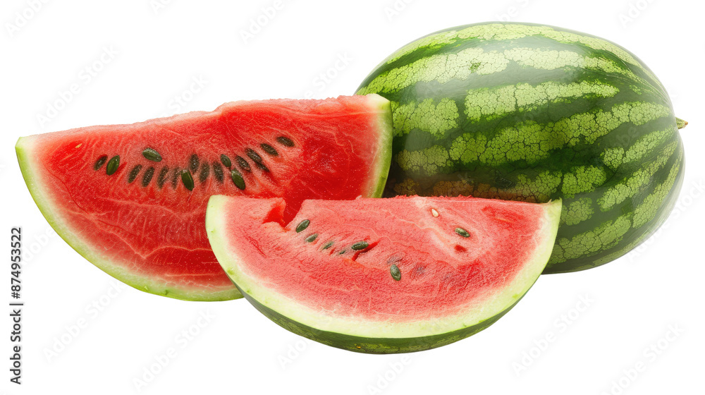 A whole, ripe watermelon with its green rind and red interior, cut into wedges on a white background A whole, ripe watermelon with its green rind and red interior, cut into wedges on a white background