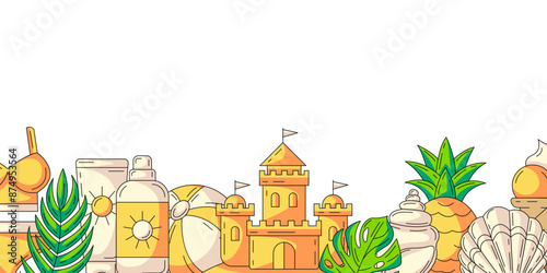 Summer colorful horizontal banner, beach accessories elements. Bottom border frame, copy space. Summertime, holiday and vacation. For poster, flyer, card, invitation, social media, postcard