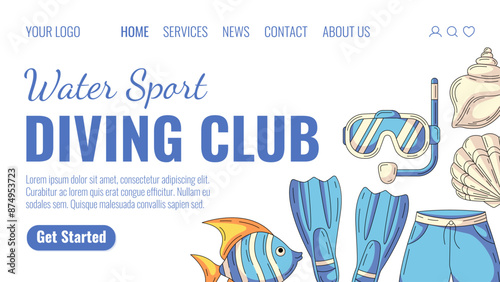 Water sport, scuba diving club. Flippers, exotic fish, diving mask, swimming trunks, seashell. Landing page vector template for website, web, online, banner, travel and tour agency, tourism, excursion