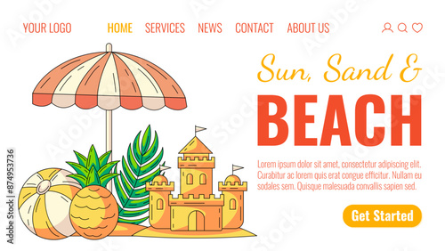 Summer beach elements and accessories under an umbrella. Inflatable ball, pineapple, sand castle, tropical leaf. Landing page vector template for website, web, online, banner, travel agency, tourism