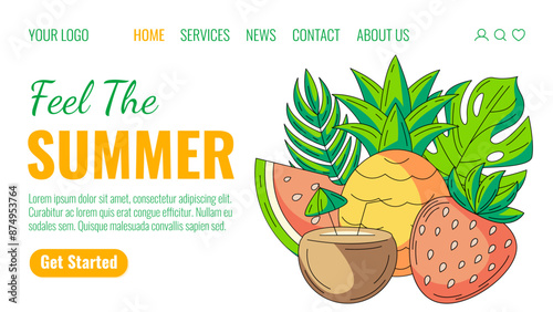 Tropical, exotic food, fruits, cocktail. Feel the summer. Watermelon, pineapple, strawberry, coconut drink with umbrella. Landing page vector template for website, web, online, banner, travel agency