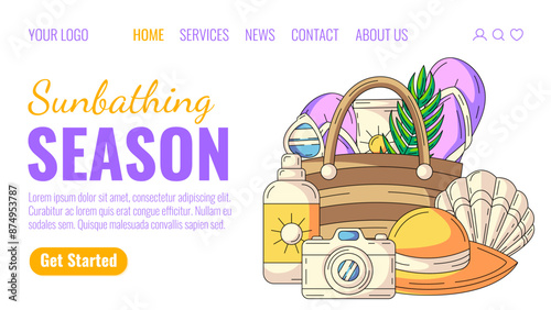 Sunbathing season. Summer elements and accessories for beach holidays. Sunscreen, sunglasses, flip flops in bag, camera, hat and seashell. Landing page vector template for website, web, online, banner
