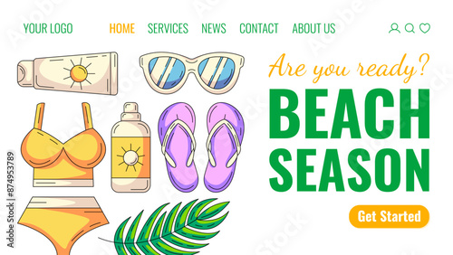 Summer elements and accessories for beach holidays. Swimsuit, sunscreen, sunglasses, flip flops and tropical leaf. Creative landing page vector template for website, web, online store, banner.
