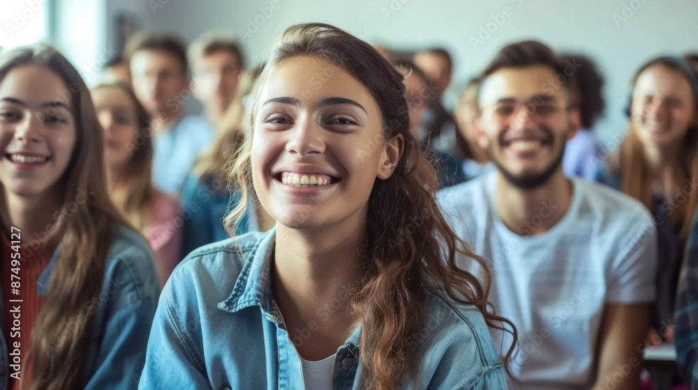 Fototapeta premium Group of happy students sitting in classroom, daylight
