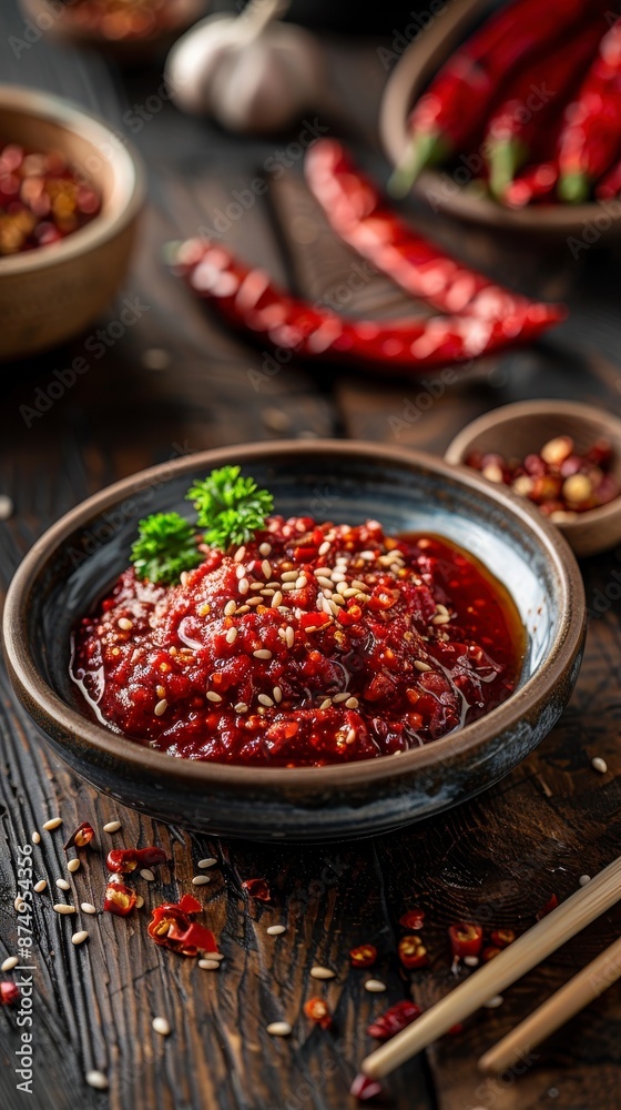 Gochujang (red chili paste) in bowl on wooden background, spicy and sweet fermented condiment in Korean food