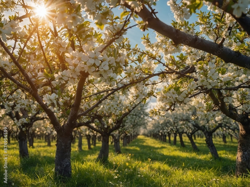 Spring background with white blossoms and sunbeams Bright spring background apple orchard Banner. Spring background with white blossoms and sunbeams Bright spring background apple orchard Banner.