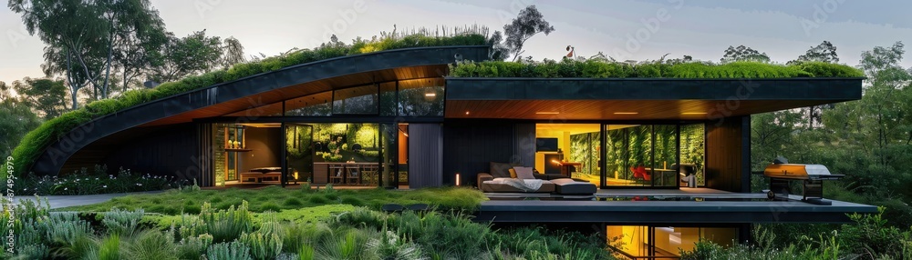 Obraz premium Eco-friendly home with a green roof and rainwater harvesting system, depicting sustainable architecture