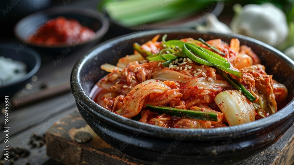 Kimchi cabbage, radish and cucumber ready to eating on wooden table, Korean food homemade side dish Kimchi cabbage, radish and cucumber ready to eating on wooden table, Korean food homemade side dish