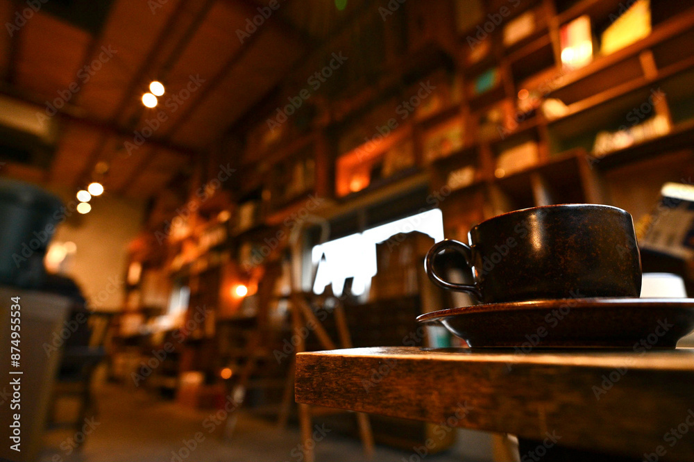 Obraz premium 本棚に囲まれた喫茶店とコーヒー