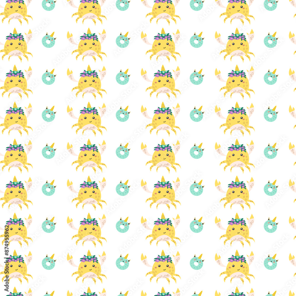 Childrens holiday pattern with confetti and cute animal. Childish birthday invitation and celebration seamless background. Cute character with unicorn horns printable design for wrapping paper, postca