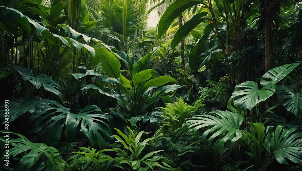 Lush green leaves of various shapes and sizes create a dense, vibrant tropical foliage backdrop, showcasing the beauty and diversity of plant life. Lush green leaves of various shapes and sizes create a dense, vibrant tropical foliage backdrop, showcasing the beauty and diversity of plant life.