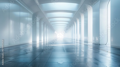 The marble walls stand cinematic. The background is light and white, creating an architectural artistic atmosphere. There is no furniture in the space, with a focus on wall interaction.