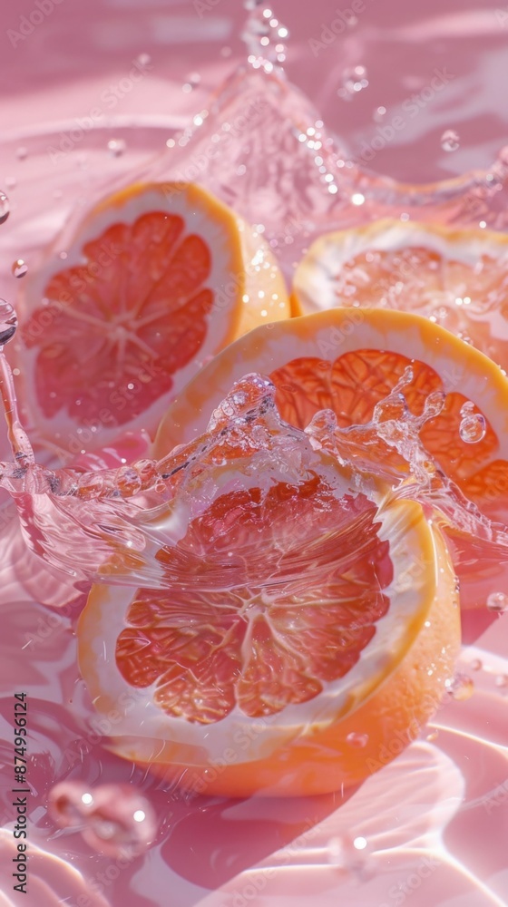 Pink grapefruit halves falling into pink liquid. Pink grapefruit halves falling into pink liquid.