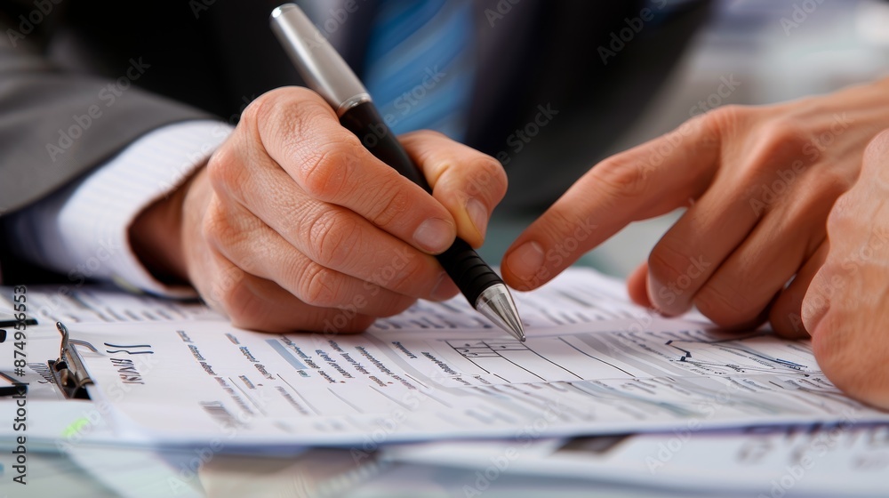 Fototapeta premium Close-up image of a business discussion, highlighting hands, a pen, and some documents likely related to business or financial matters.